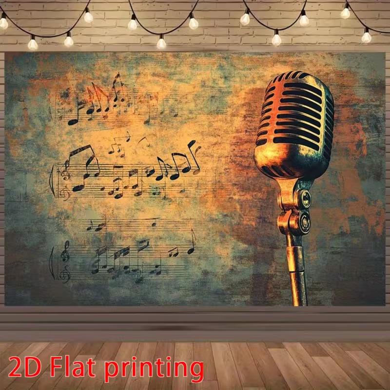 2D Vintage Microphone and Music Notes Backdrop Party Photo Background Cloth