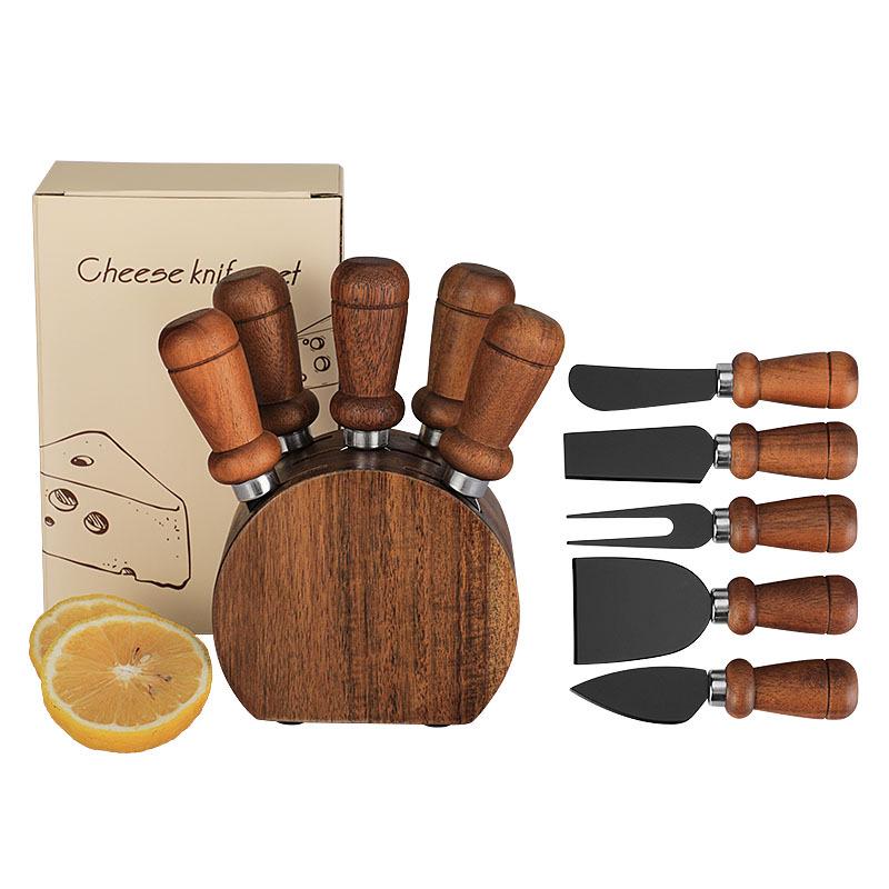 Acacia Wood Cheese Knife Set: Stainless Steel Knife, Fork, and Spatula with Storage Base