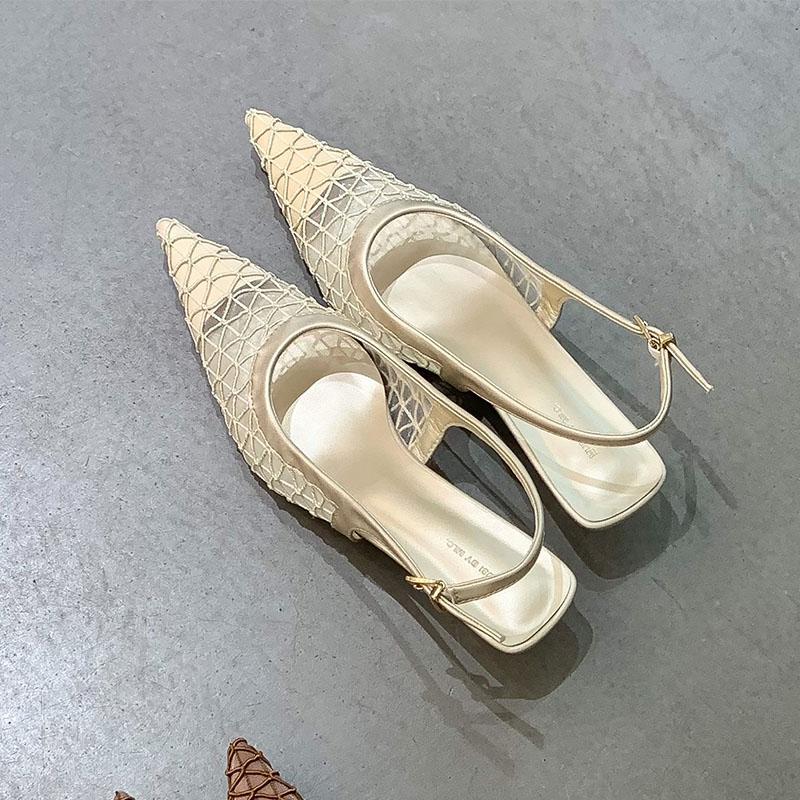 Fashion Fashion Pointed Toe Elegant Women Low Heel Sandals Shoes Spring Summer Mesh Breathable Ladies Heeled Sandals Shoes Female Pumps