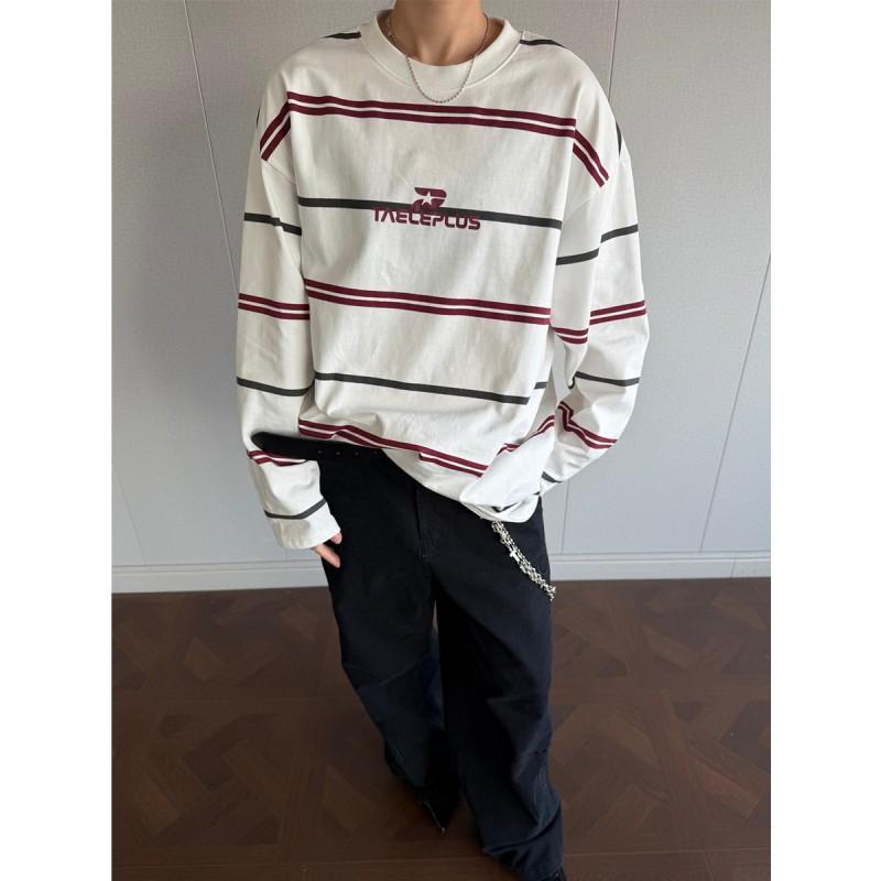 T-shirt a maniche lunghe a righe oversize da uomo - Vestibilità larga in cotone con girocollo Stile Retro Americana Abbigliamento casual autunnale