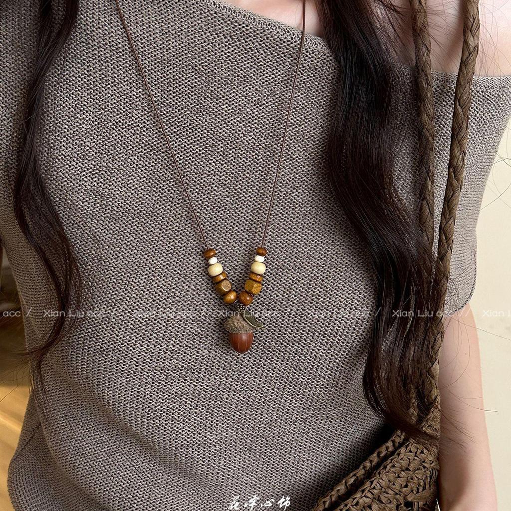 2025 New Retro Ethnic Acorn Pendant Necklace - Women’s Ancient Chinese Style Long Sweater Chain Accessory