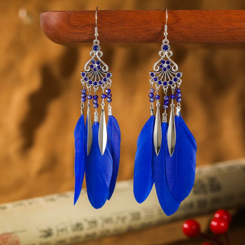 Vintage Ethnic Bohemian Crystal Beads Handmade Feather Tassel Women Earrings Long Drop Dangle Boho Jewelry Pendientes Mujer