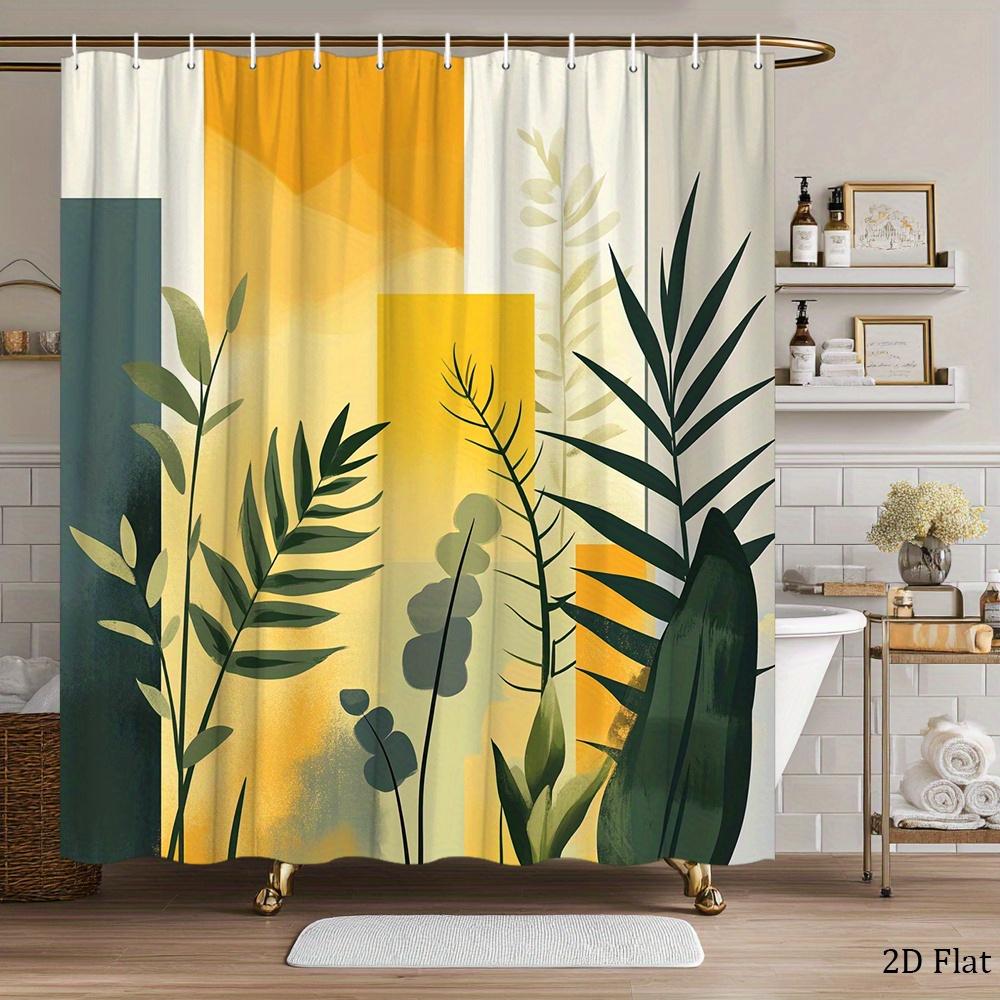 Plant Art Shower Curtain 1 Piece-Green Leaf Geometric Block, Modern Natural Design, Contemporary Bathroom Decoration