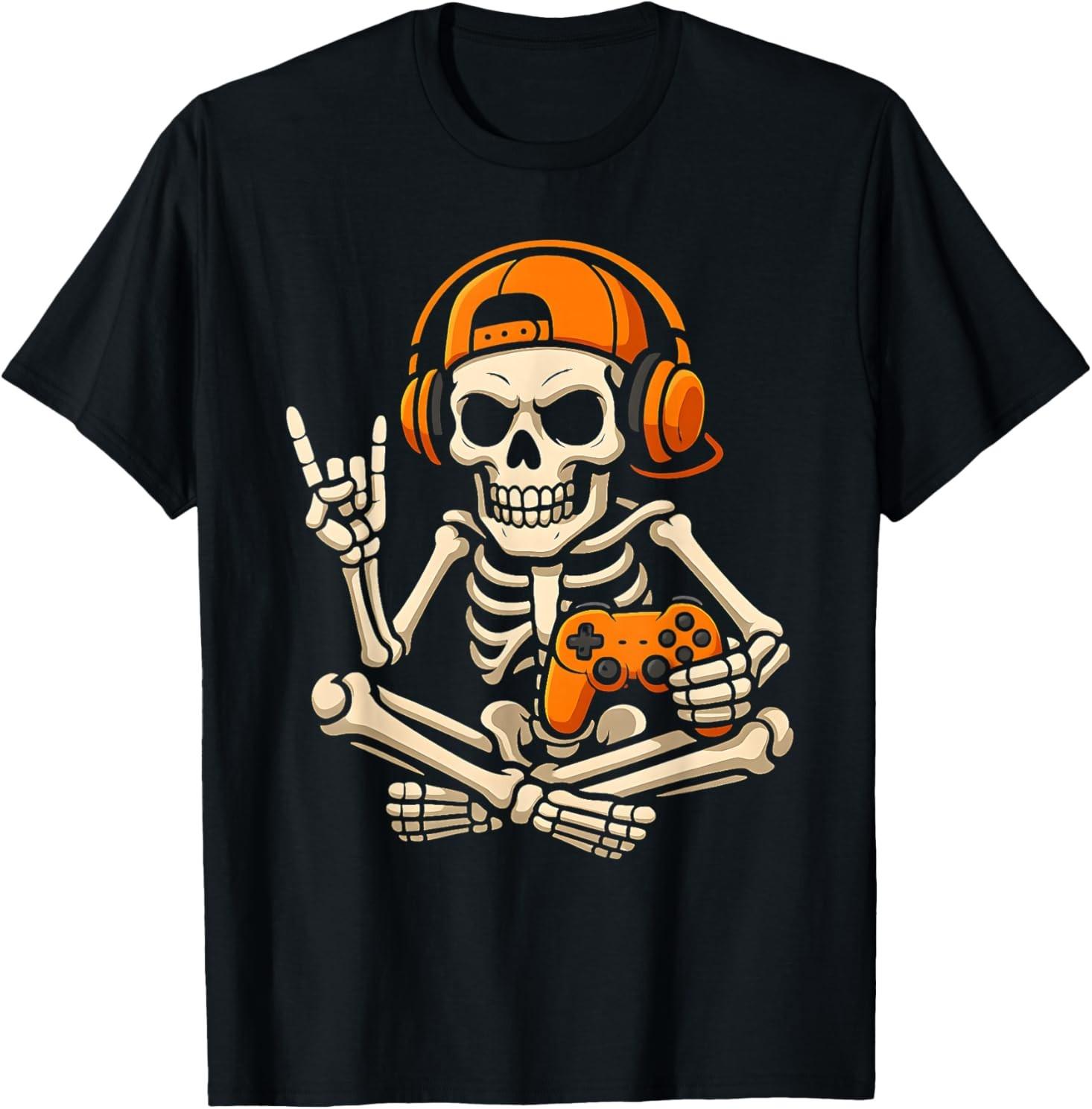 Halloween Skeleton Gamer Video Gaming Teenage Boys Men T-Shirt Mens Womens Tees Top XL