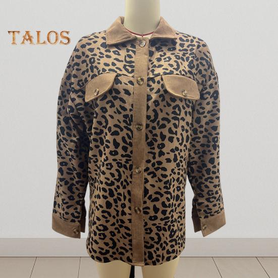 Women Spring Fall Coat Fake Chest Pocket Turn-down Collar Single-breasted Leopard Print Long Sleeves Mid Length Daily Wear Jacket