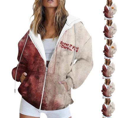 Damen Casual Halloween Print Langarm Sweatshirt Tasche Jacke Reißverschluss Hoodie Mantel