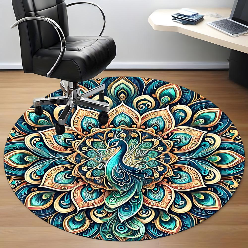 1pc Peacock Mandala Office Round Area Rug, Under Office Chairs Bedroom Living Room Home Decor, Room Deco