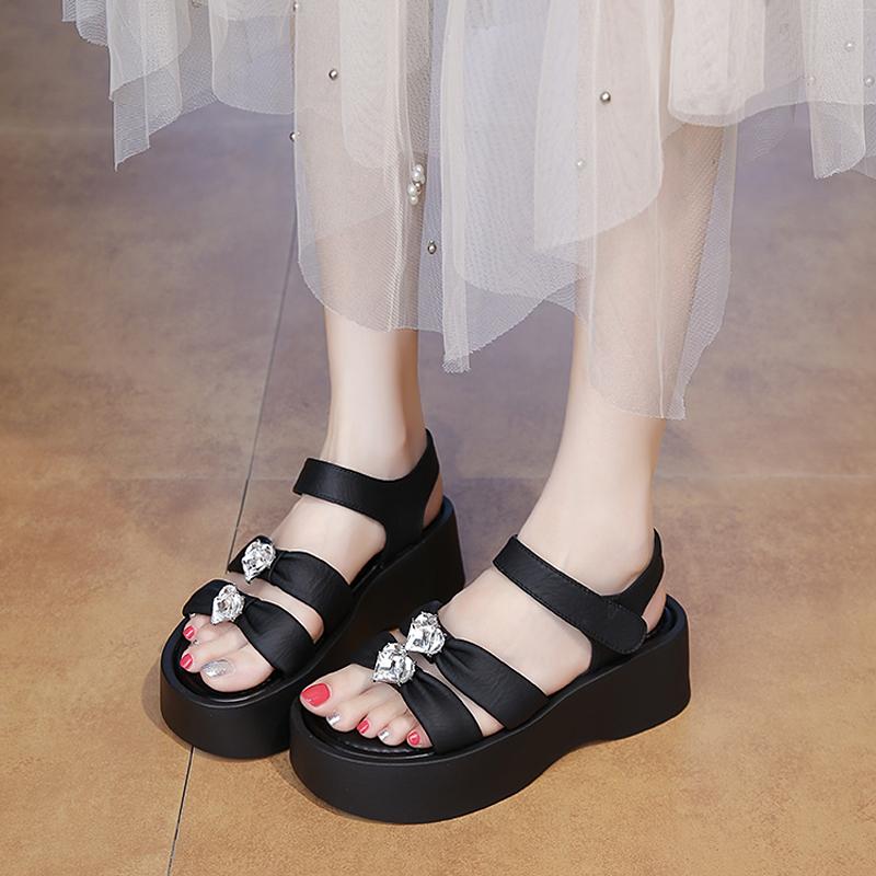 CRLAYDK Womens Strappy Wedge Rhinestone Sandals Outdoor Summer Leather Slides Soft Beach Ladies Open Toe Dressy Walking Slippers