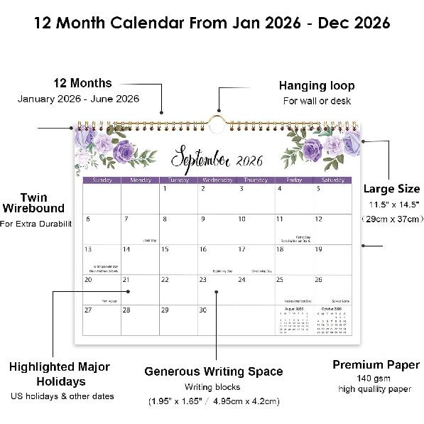2026 Wall Calendar, 2026-2027 Calendar Runs from January until June 2027, 14.5" x 11.5", Monthly Hanging Calendar with Twin-Wire Binding, Hanging
