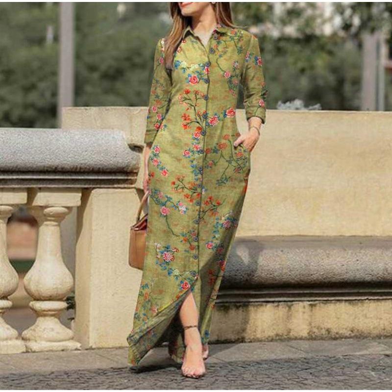 Women's Casual Printed Pocket Button-Down Long Dress with Turn-Down Collar