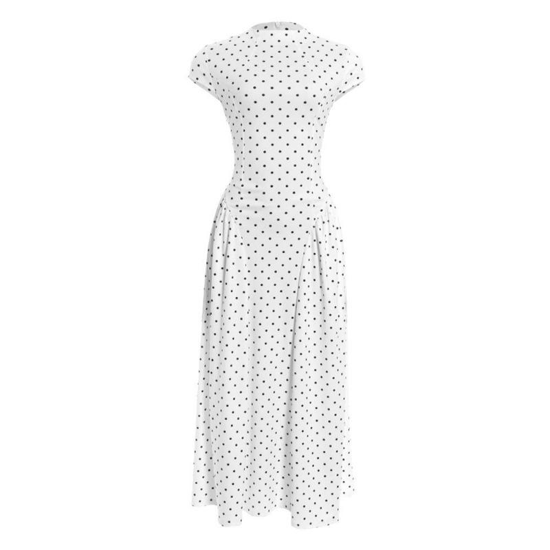 Women's Crew Neck Polka Dot Printed Maxi Dress Vintage Waist Defined