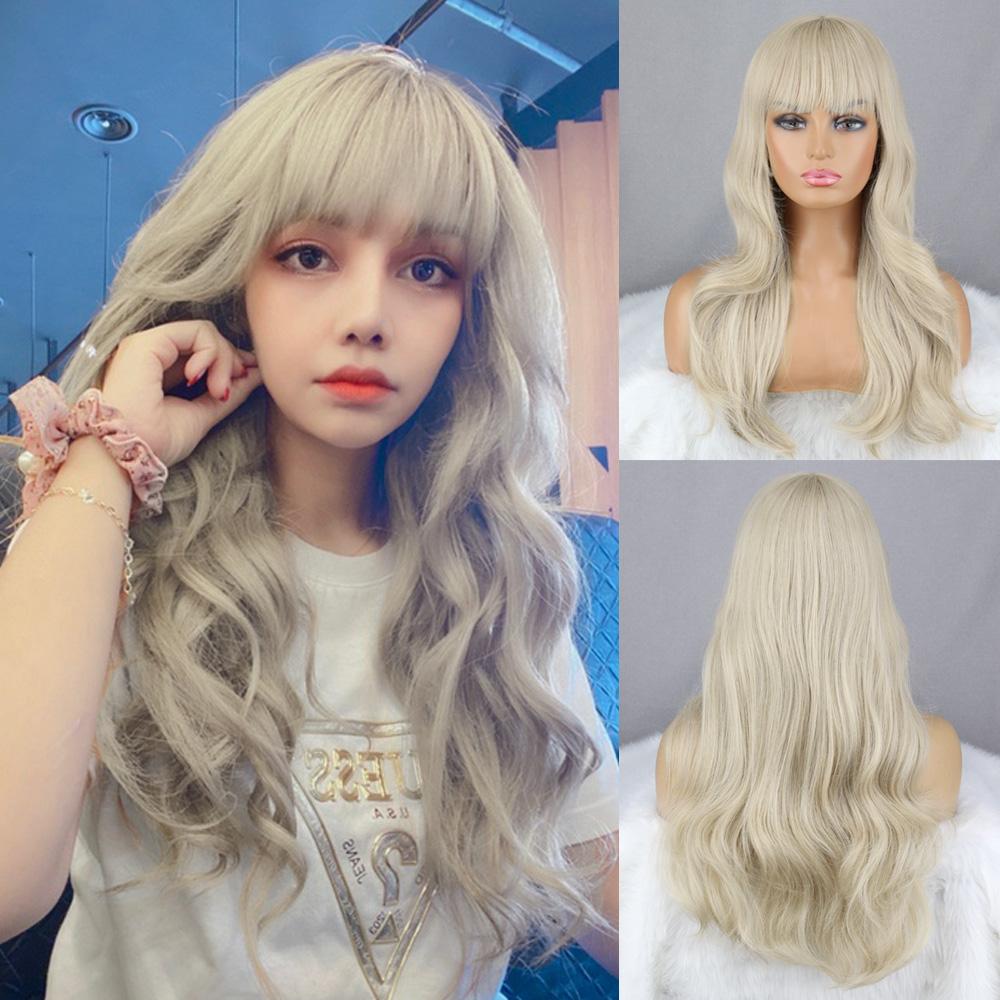 

MISS WIG Женская мода Длинный волнистый парик цвета красного вина с омбре с челкой Волнистый парик из синтетического волокна для женщин 28inches