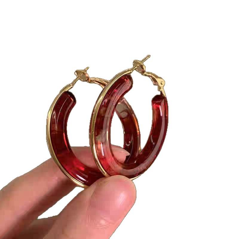 Red Style _ Temperament Ankara Red Ice Transparent Earrings Women'S Unique Personality Stud Earrings Senior Feeling Earrings
