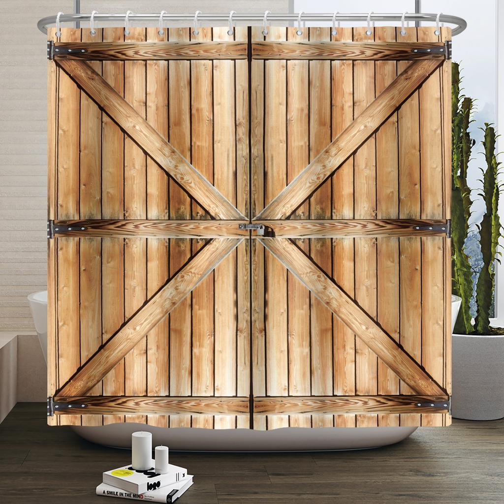 Retro Wood Door Shower Curtain Farmhouse Country Vintage Farm Barn Wooden Waterproof Polyester Shower Curtain for Bathroom Decor