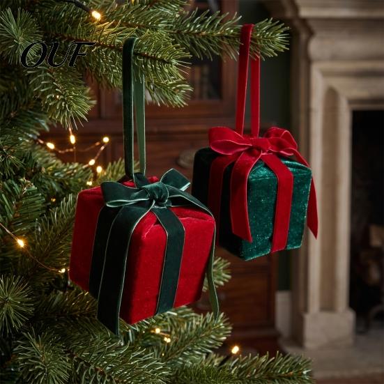 Seasonal Party Photo Props Velvet Gift Box Christmas Tree Ornament, Square Shaped Hanging Miniature Bow Ornaments Decoration with for Winter