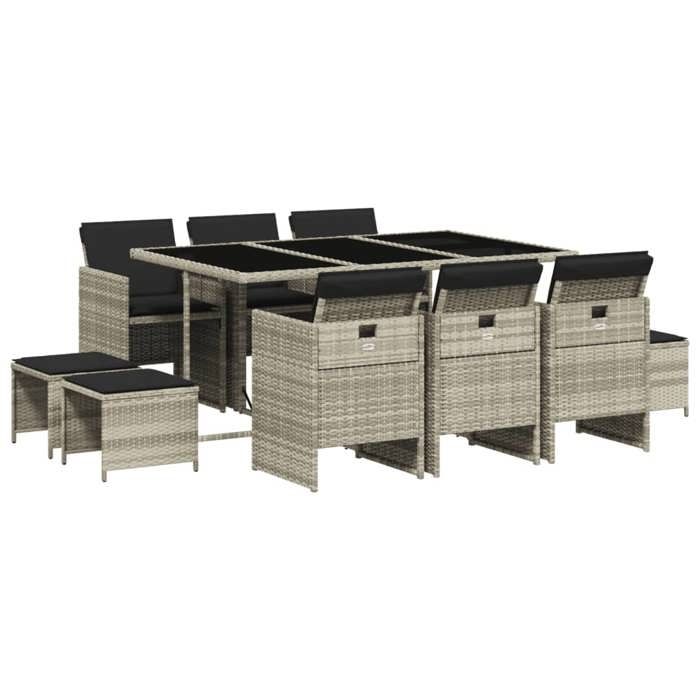 VidaXL 11pcs Garden Dining Set with Grey Cushions Poly Rattan 3277738