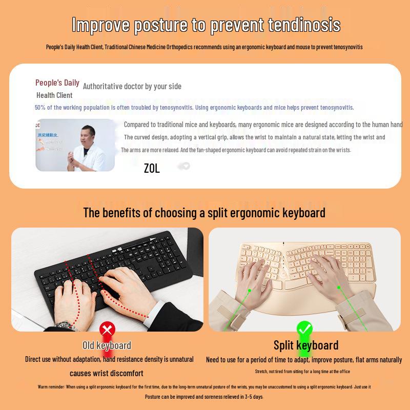 BOW HANGSHI K308DL Multi-Mode Wireless Bluetooth Ergonomic Keyboard and Mouse Set.