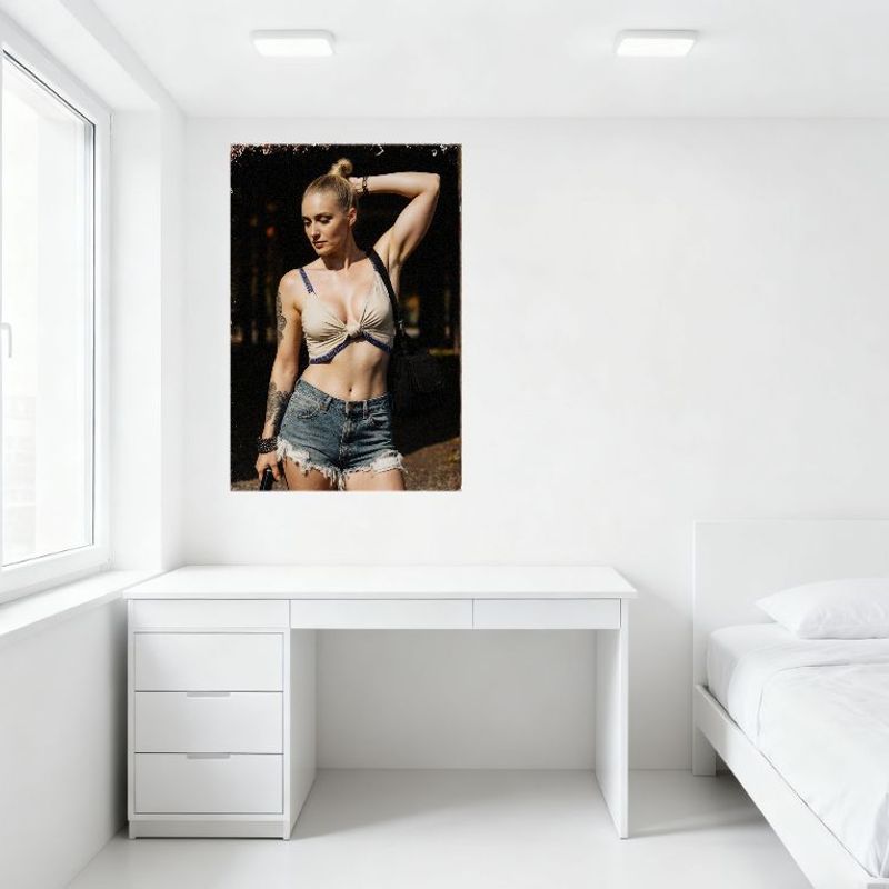 Sexy Blonde High Bun Woman Outdoor Pose Tin Sign Vintage Metal Poster for Bar Pub Home Cafe Wall Decor Beige Crop Top Blue Short