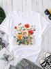 (Asian Size) Watercolor Flower Short Sleeve T-shirts Print O-neck Fashion Female Casual Women's Top T Clothing Graphic Tee
