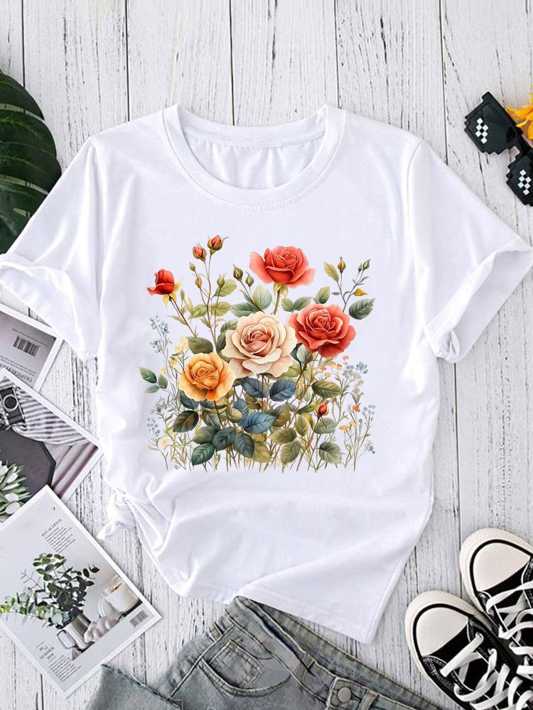 (Asian Size) Watercolor Style Trend Short Sleeve T-shirts Print O-neck Fashion Female Casual Women's Top T Clothing Graphic Tee
