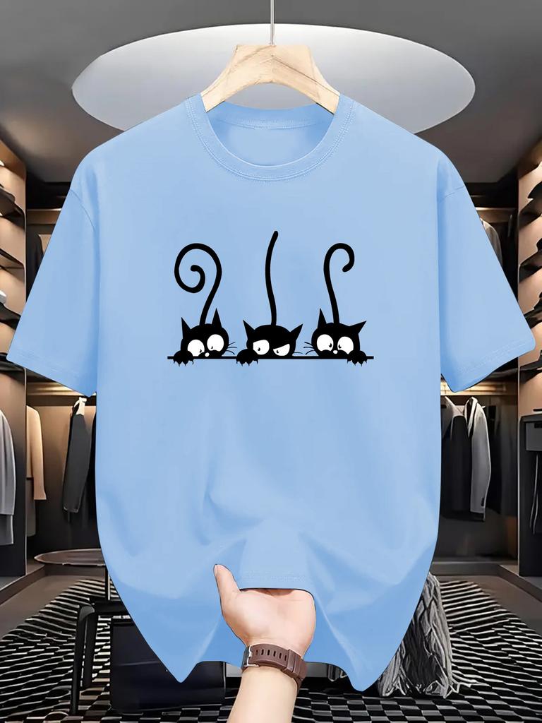 Sommer Modisch Lässig Sportlich Locker Herren T-Shirt Persönlichkeit Katzenmuster Gedruckt Rundhals Kurzärmliges Oberteil