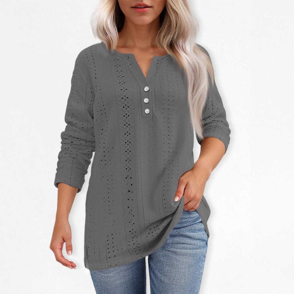 T-skjorte for kvinner T-skjorte med knapp 3/4 ermer Daglig helgmote Basic V-hals vanlig topp