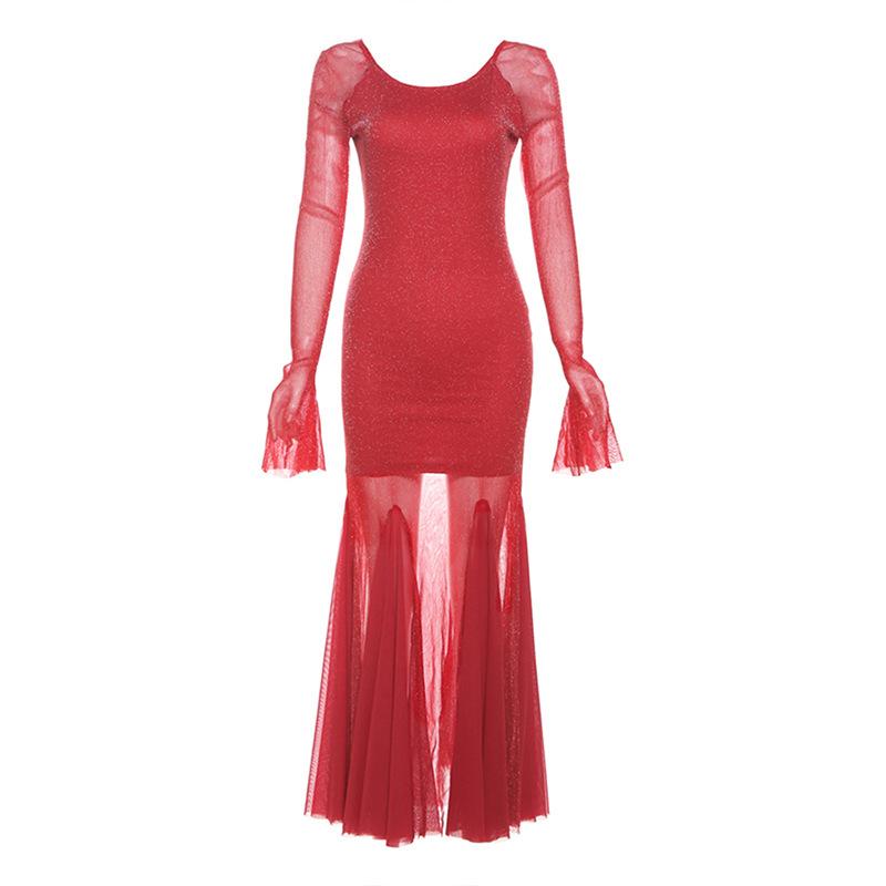 

Осеннее женское темпераментное сексуальное платье с U-образным вырезом, открытой спиной, длинными рукавами, облегающее платье с запахом и ягодицами L красный