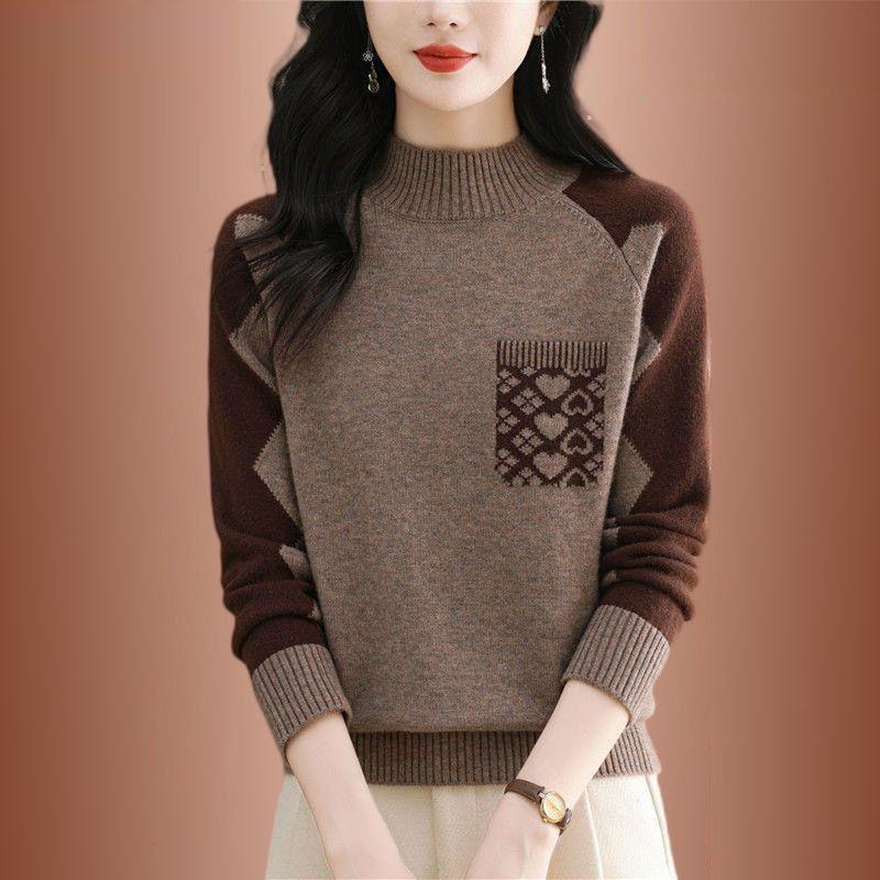 Women's Printed Sweater Autumn Winter Thick Soft Mock Turtleneck Sweater Color Block Loose Knit Pullover Top