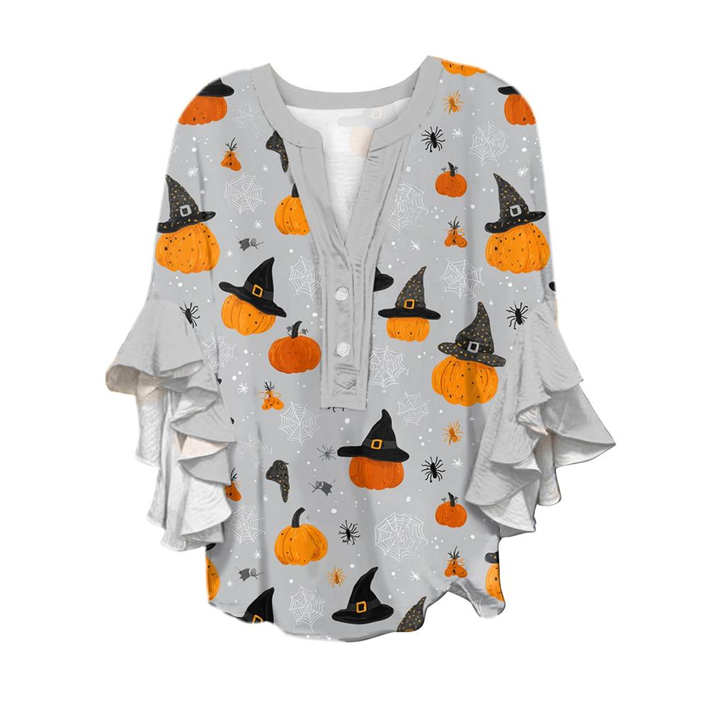 Women's V-neck Seven Quarter Sleeved Shirt Halloween Printed Top Casual Shirt