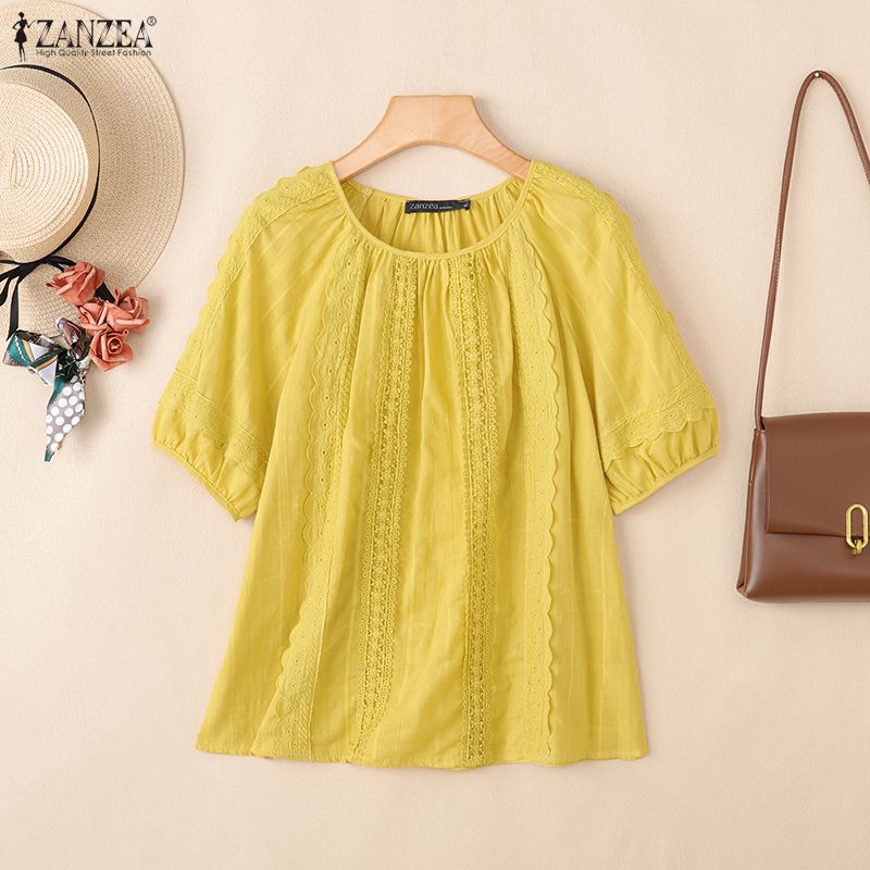 ZANZEA Sommer Damen Rundhals Kurzarm Spitze Häkeln Lässige Bluse