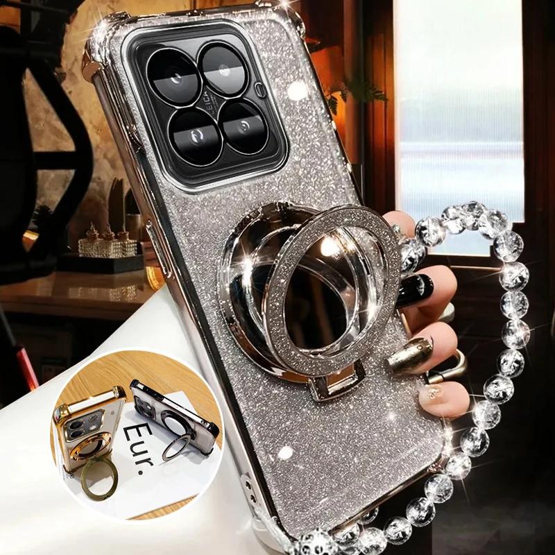 For Xiaomi 14T Pro Crystal Bracelet Glitter Mirror Holder Case for Xiaomi 14T 13T Pro 14C For POCO X7 X6 F6 Pro Shockproof Cover