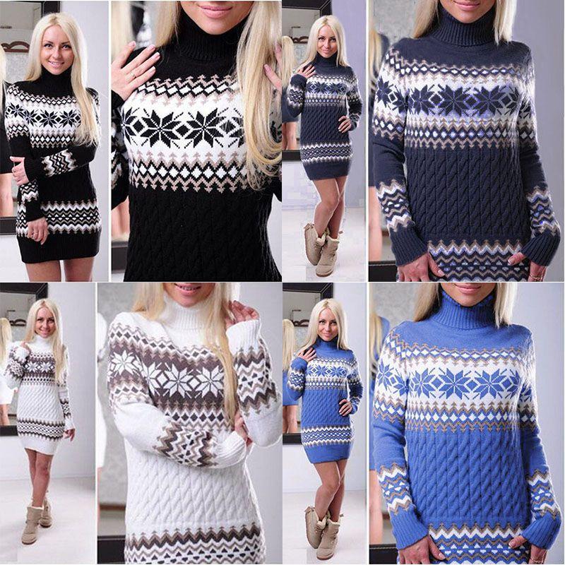 Elegant Christmas Woman Turtleneck Sweater Dress With Festive Snowflake Pattern
