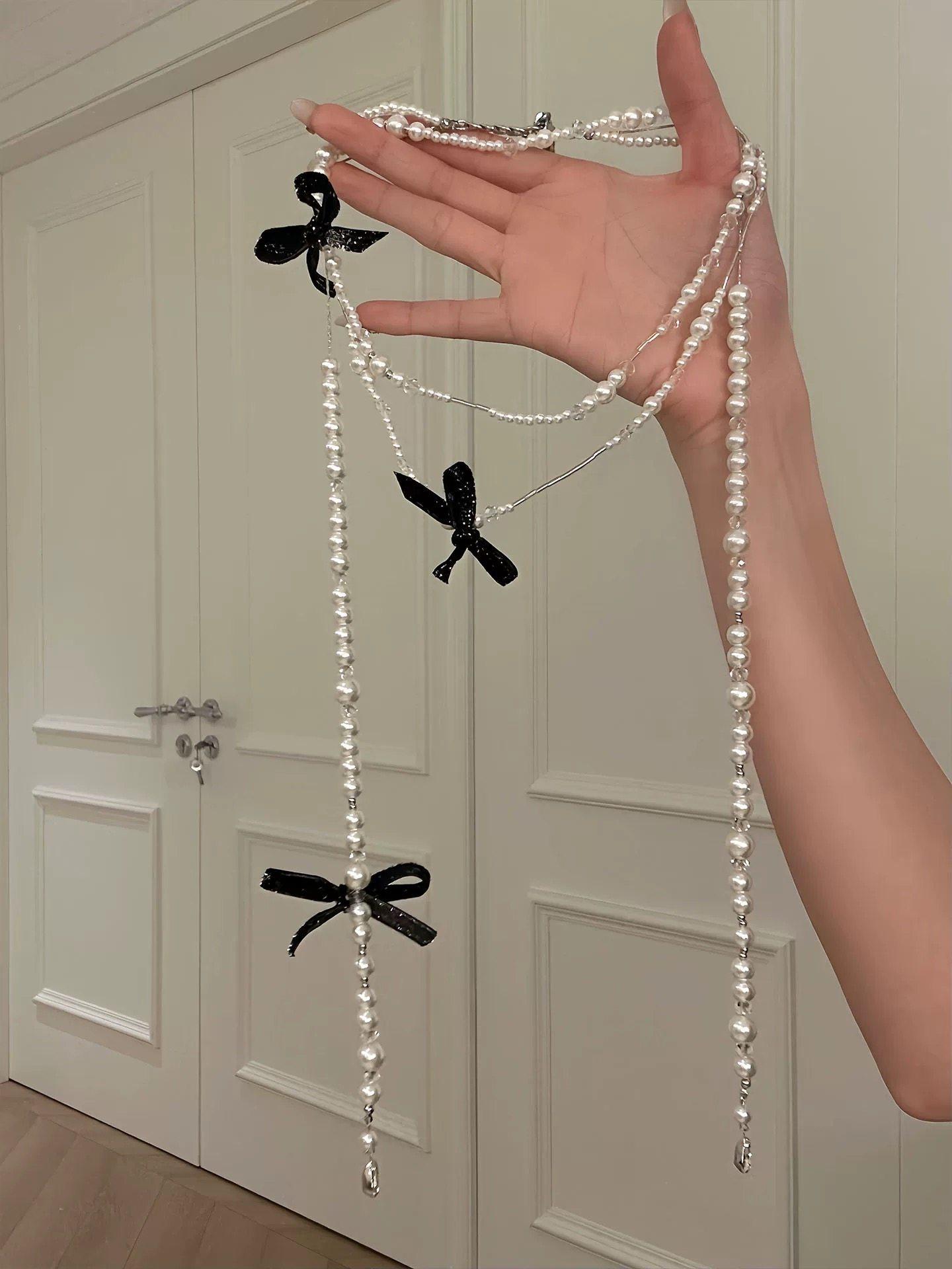 Ленточный бант из стеклянных бусин, кулон-кисточка в форме капли воды, жемчужное ожерелье, нишевая цепочка для свитера, милое ожерелье