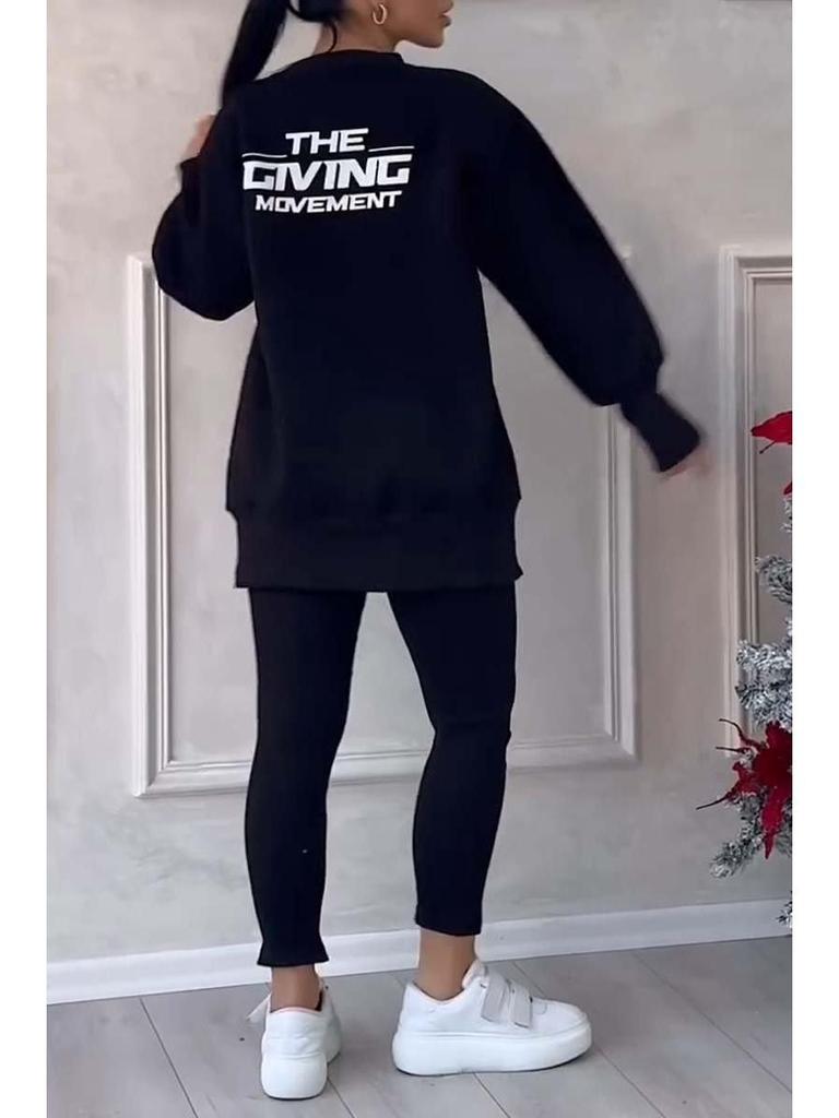 2025 European & American Women's Irregular Long Sleeve Printed Sweatshirt & Leggings Set