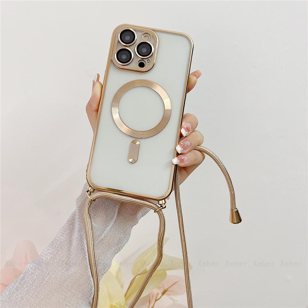 Crossbody Necklace Lanyard Magnet For Magsafe Wireless Charging Case For iPhone 17 16 15 13 12 11 14 Pro Max Plating Clear Cover
