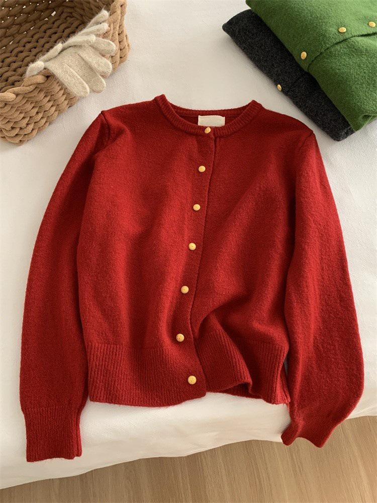 Whitening Raspberry Pink Gold Button Knit Cardigan - Women's Autumn/Winter Korean Style, Soft, Thick, Warm, Round Neck Wool.