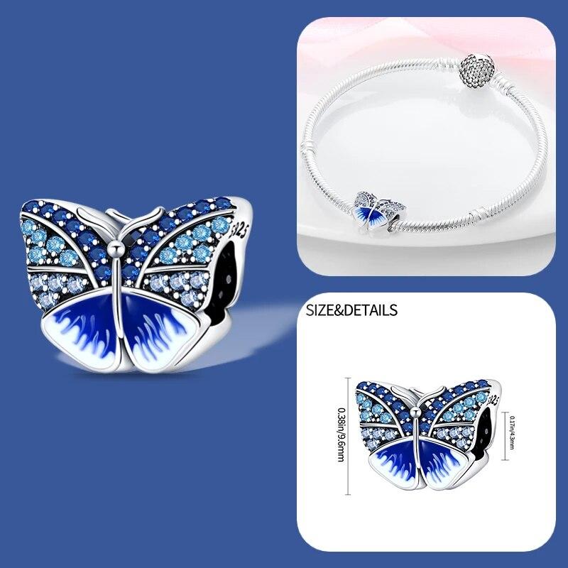 Nou argint 925, albastru, mărgele de Murano, cu flori de pansă, farmec se potrivește cu brățară și colier de marcă originală, cadou de bijuterii 925