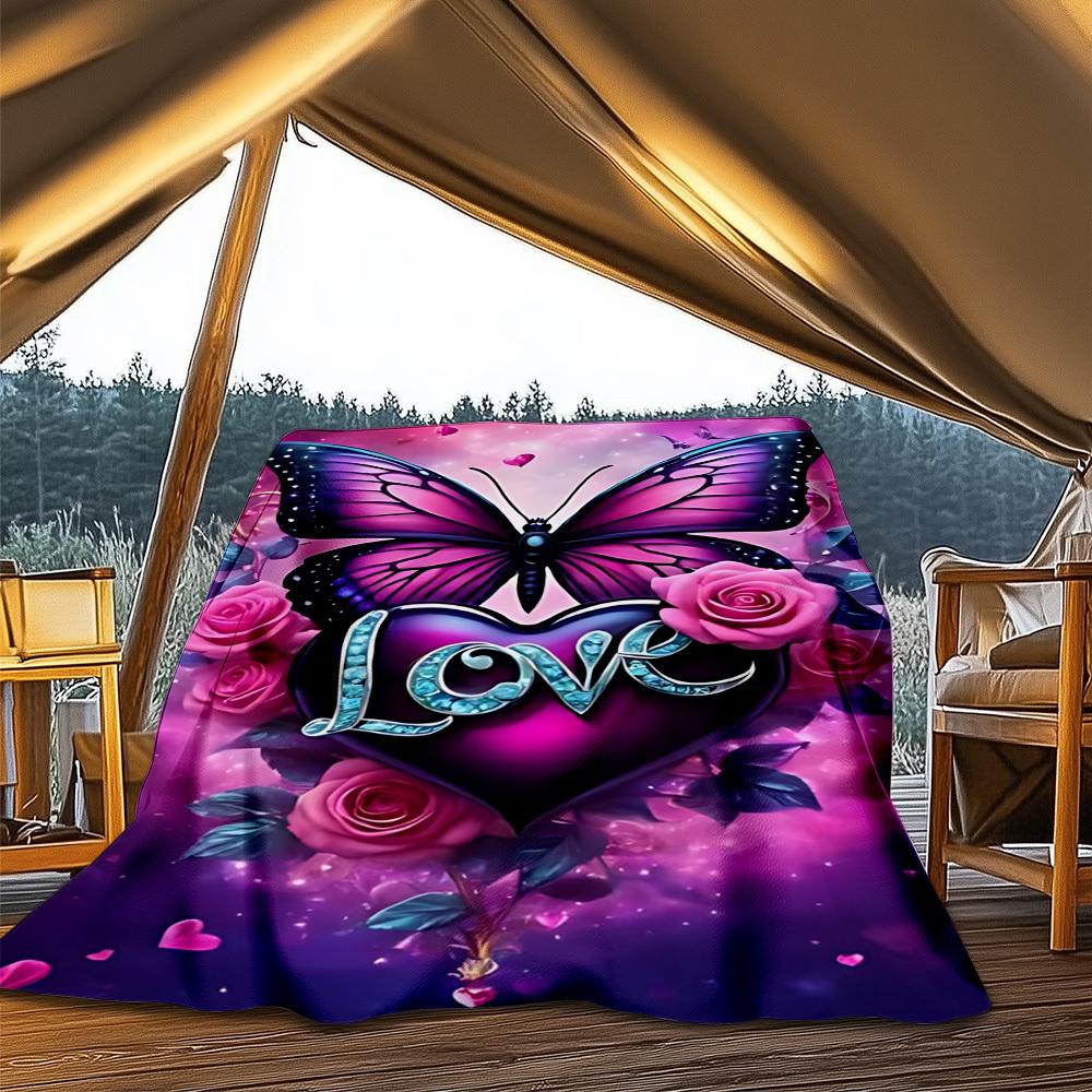 1pc Butterfly Love Heart Roses Throw Blanket Polyester Fiber, Lightweight Flannel, Soft & Warm, All Season Use for Outdoor, Camping