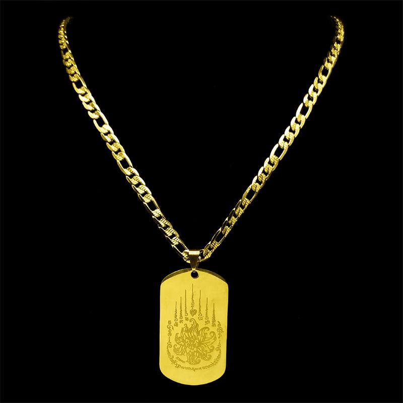 Thaise Boeddhistische Geschriften Lotus Tag Negenstaartige Vos Hanger Ketting voor Vrouwen Mannen Roestvrij Staal Goudkleur Boeddhisme Sieraden