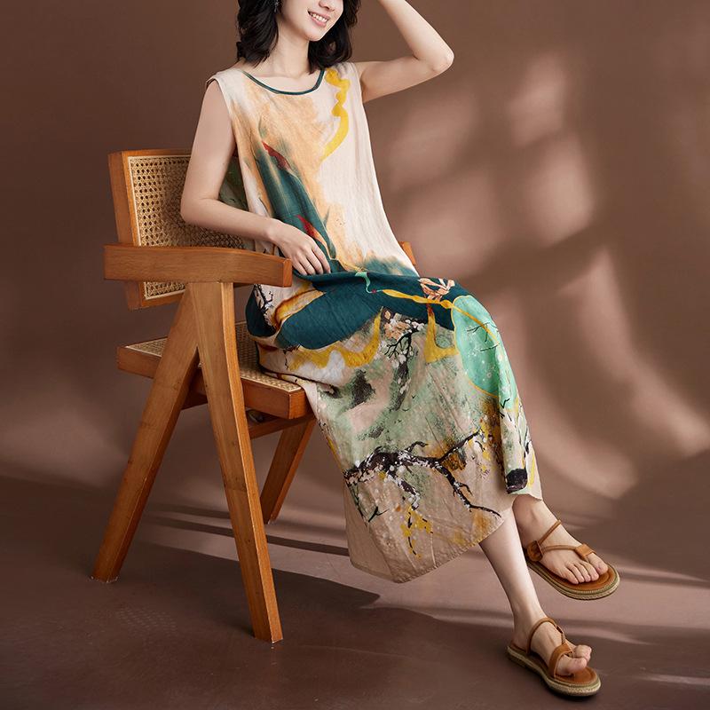 

Платье больших размеров для женщин, бамбуковое хлопковое льняное платье в стиле кантри, свежее платье с цветочным жилетом One Size