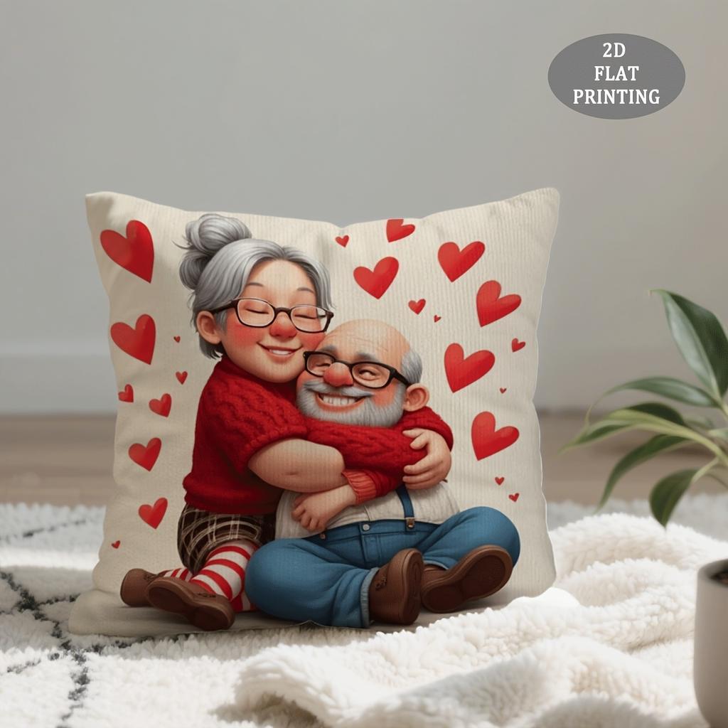 1pc Large Elderly Couple Embracing Love Plush Throw Pillow Cover - 18x18 Inch Contemporary Cushion Cover Suitable for Sofa Bed