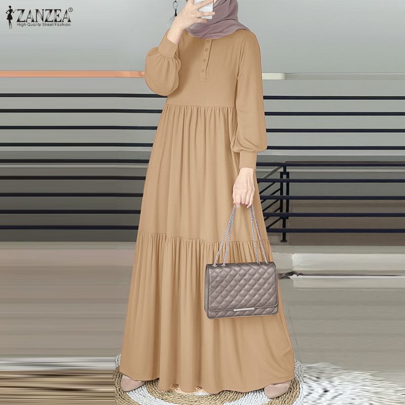 ZANZEA Women Round Neck Long Sleeve Loose Casual Muslim Dress