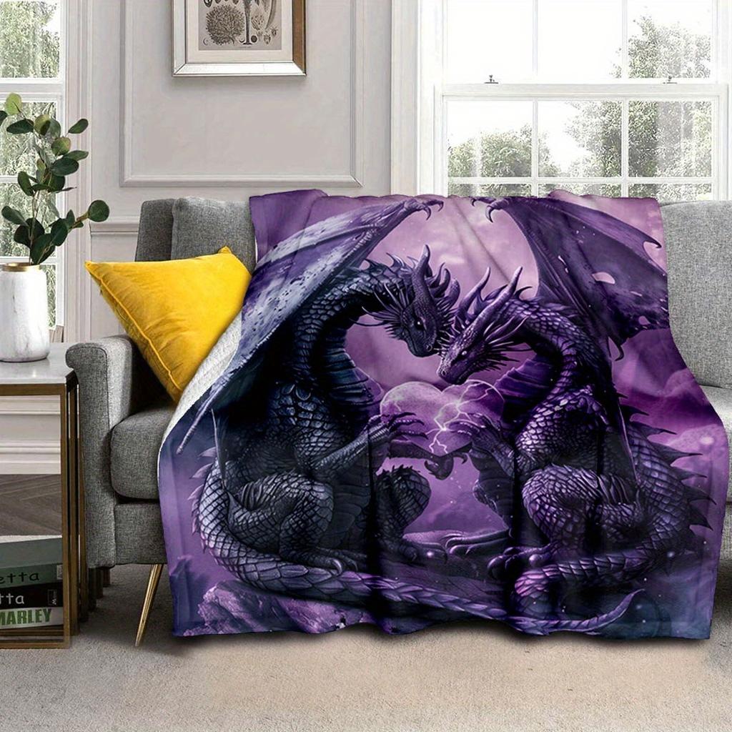 Purple Dragon Flannel Blanket – Intricate Double Dragon Design – Warm Cozy All-Season Throw – Perfect for Camping Sofa Bed