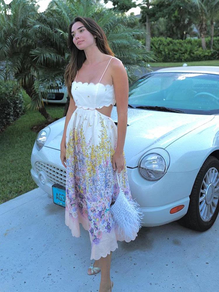 

Женские платья миди с цветочным принтом и открытой спиной на шнуровке 2024 года, летнее платье без бретелек с открытыми плечами и принтом, женская уличная одежда M светло-фиолетовый