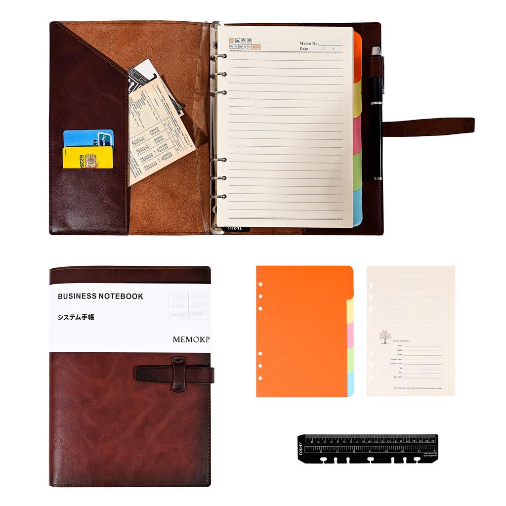 MEMOKP System Planner A5 Genuine Business Schedule Pocket Card Office Pen Holder Refill Graduation Job Promotion Gift Notebook, Leather, 6-Ring