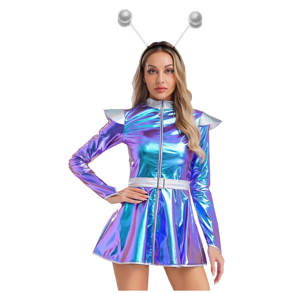 S-XXL Damen Rollenspiel Außerirdischenkleid: Halloween Astronauten Kostüm, Metallisch A-Linie mit Haarreif & Einfachem Frontreißverschluss