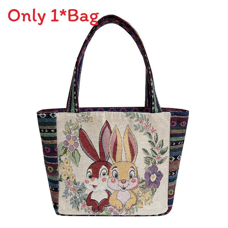 Elephant Embroidered Canvas Handbag With Dual Handles For Casual Daily Use