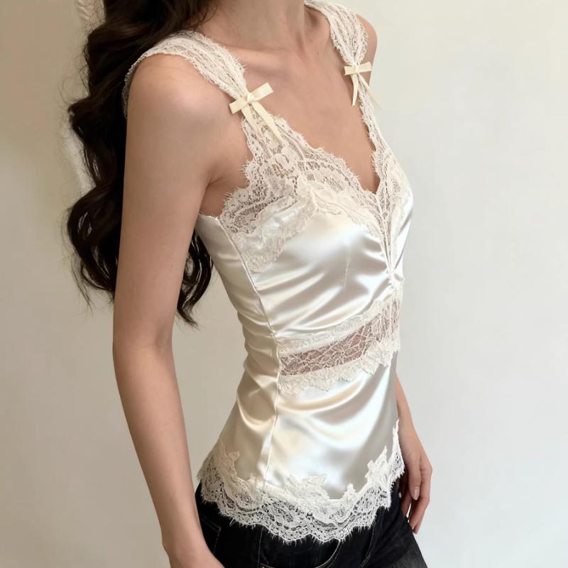 Y2K Retro Back Satin Wide Shoulder Strap V-neck Base Lace Patchwork Sleeveless Camisole Vest