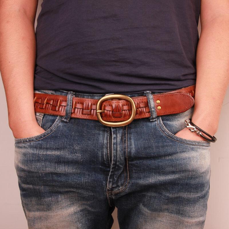 Vintage Luxusní Ručně vyráběný Kožený Pletený Měděná Přezka Pánský Pásek Hovězí Kůže Retro Všestranný Ležérní Džíny Měkký Pásek