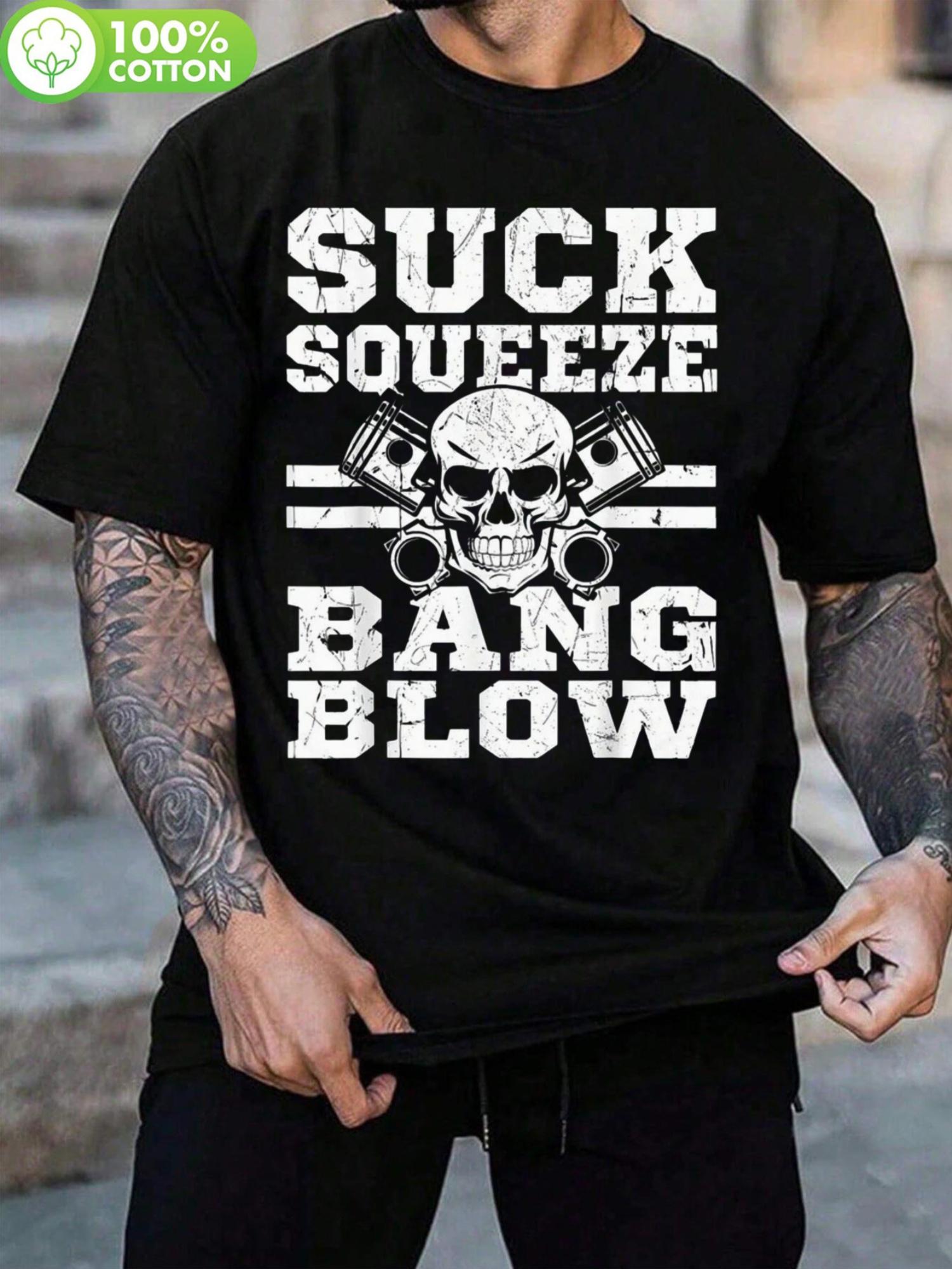 

Suck Squeeze Bang Blow Graphic T-shirt - Black Cotton Crew Neck L